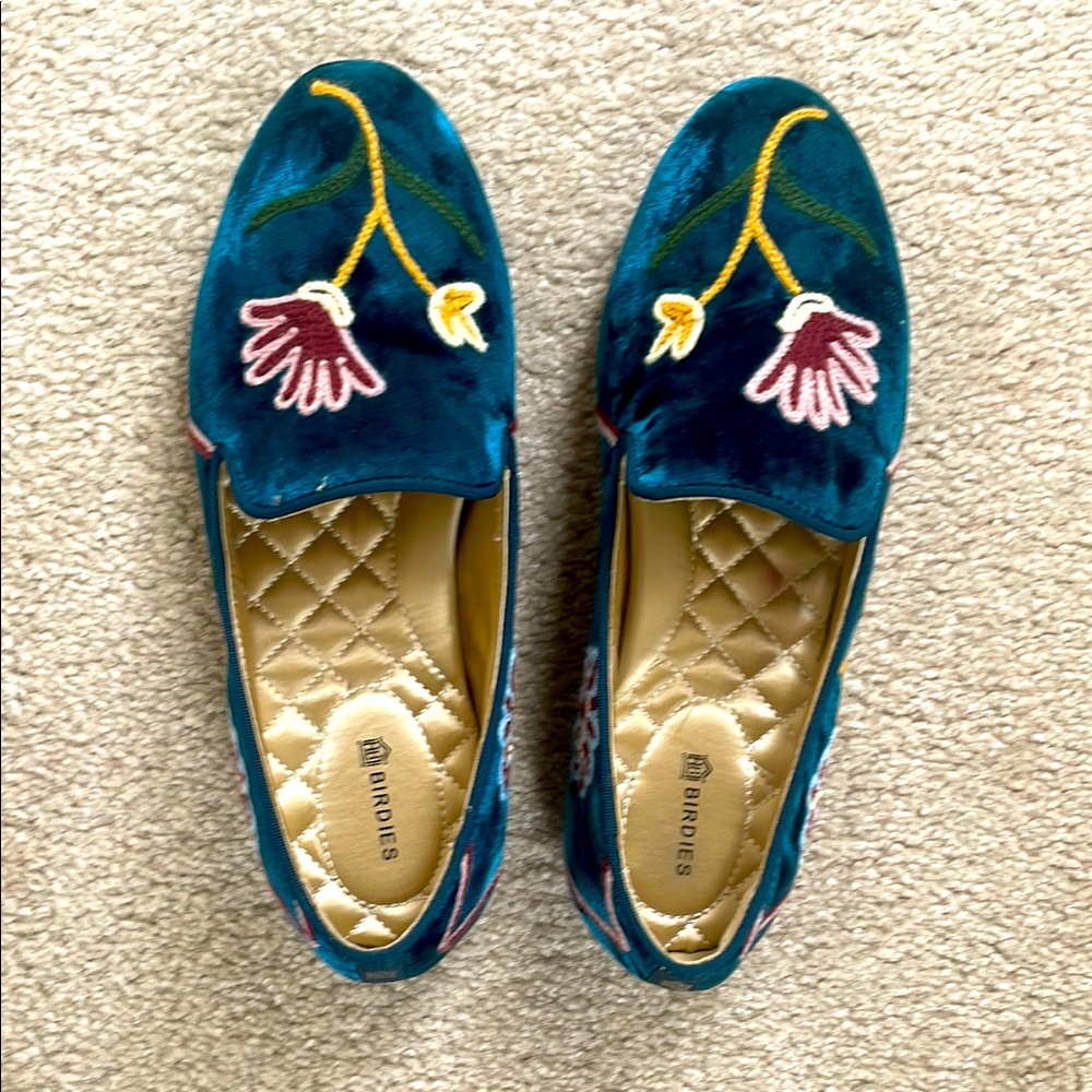 Birdies Women's Blue Embroidered Loafers